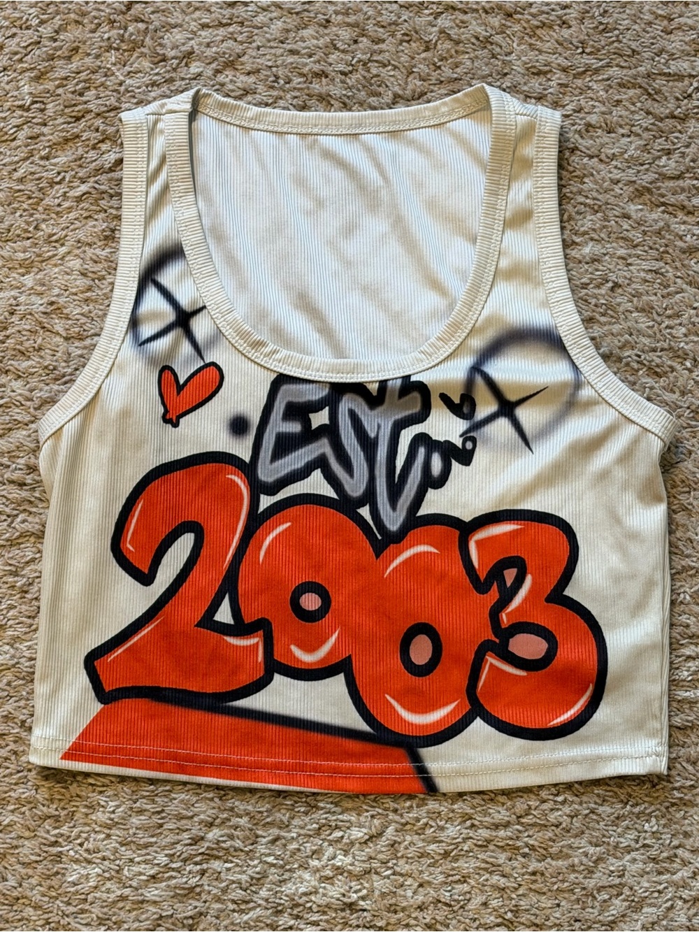 Est. 2003 Graffiti Crop Tank Top - Orange/White, medium
